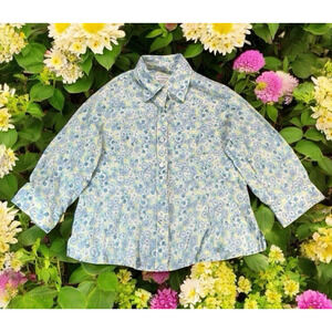 Liz Claiborne Floral 100% Linen Button Up Shirt Womens Sz L Feminine Bloomcore